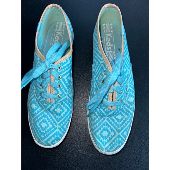 VINTAGE 80's EIGHTIES KEDS TURQUOISE PRINT SNEAKERS 7.5 - Picture 1 of 5